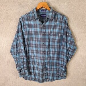 Savile‎ Row Shirt Mens Large Blue Plaid Flannel Button Down Cotton Long Sleeve